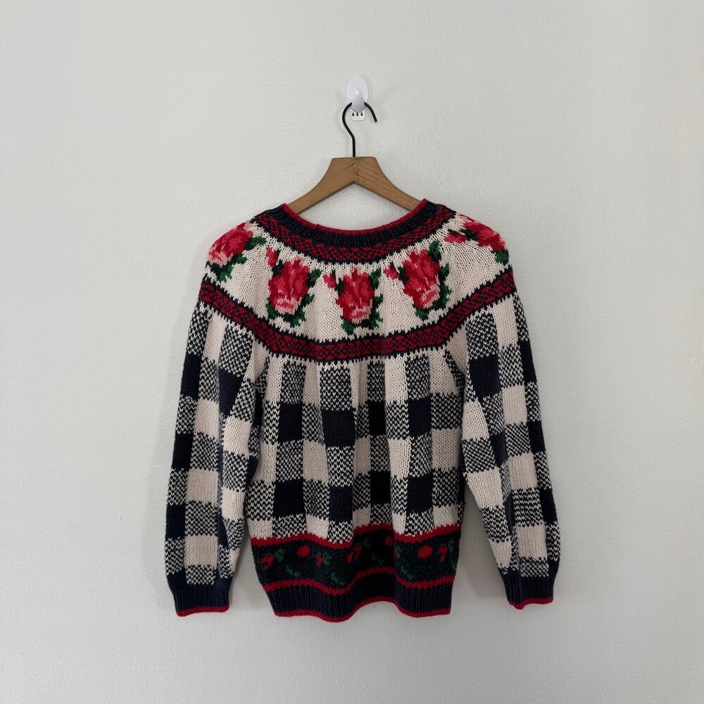 Vintage Women's Cotton Ramie Floral Motif Blue Checkered Sweater Size Small